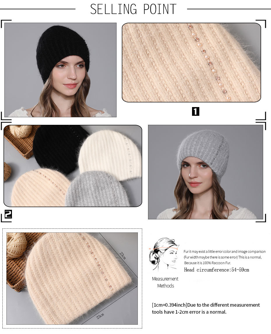 Knitted rabbit hair for children's winter warmth, fashionable pearl embellishment, women's versatile pullover hat style_voghion.com