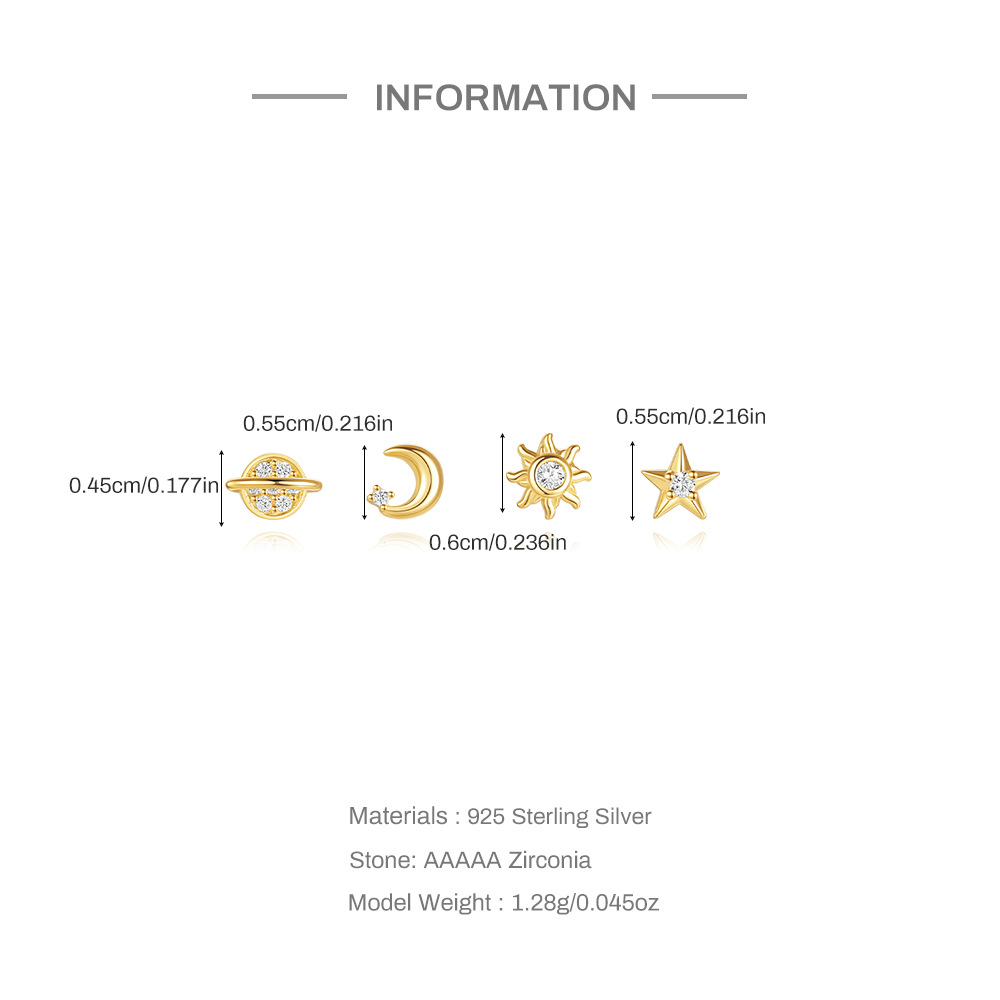 5g Weight 925 Sterling Silver Ear Needle Material 4 Pieces 925 Sterling Silver Zircon Star Moon Ear Studs