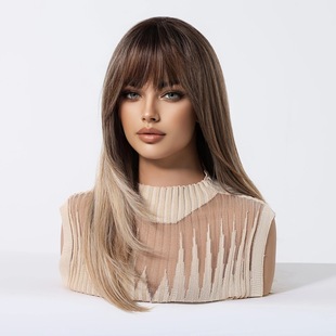 Cross-Border Wig Brown Gradient with Bangs Dyed on Top of the Head Layered Long Straight Hair European and American Hot Selling Wigs Ready for Sale