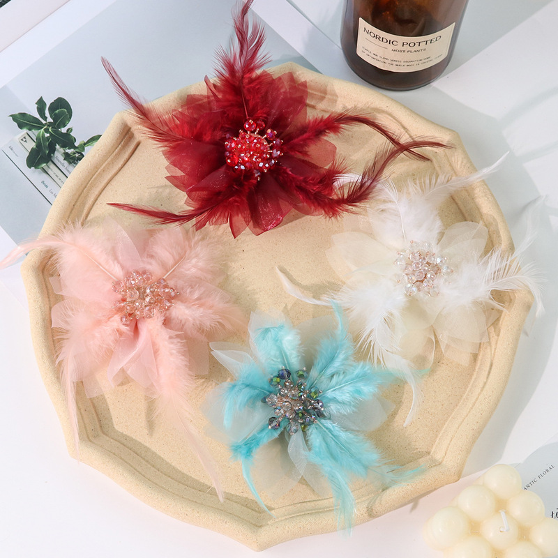 DIY Flower Accessories Handmade Crystal Ostrich Hair Flower Headwear Accessories Elegant Elegant Corsage Garment Accessories Batch