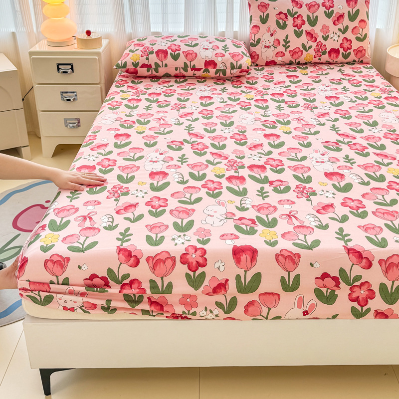 Cartoon Printed Fitted Sheet Dustproof Mattress Protector Bed Cover Single Piece Full Wrap Bed Sheet Dormitory Single Active Printing and Dyeing