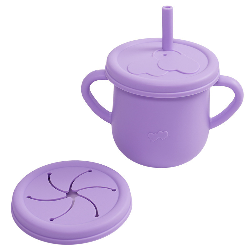 Vaso de aprendizaje para bebés con doble asa, vajilla para niños, vaso con pajita de silicona, vaso para refrigerios, vaso para agua con escala, vaso con doble tapa