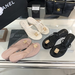 2025 New Summer Outer Wear Mid-Heeled Sandals Thick Heel French Metal Slip-On Slippers Fairy Shoes