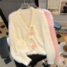 品牌折扣店正品女装清仓冬季慵懒风立体花朵水貂绒毛衣开衫外套女