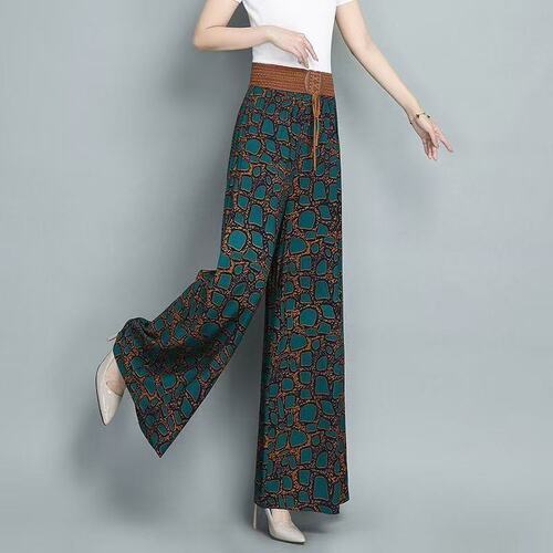 Summer new style wide-leg pants skirt casual fashionable high-waist stripe temperament elastic mom culottes printed pants