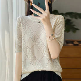 2024年夏季新款圆领短袖天丝针织衫T恤气质镂空洋气设计感上衣女