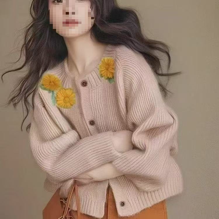 2025年新款秋冬刺绣提花针织衫开衫毛衣女宽松短款小个子外套上衣|undefined