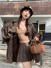 美拉德穿搭套装美式复古皮衣夹克外套上衣女秋季百褶半身裙两件套