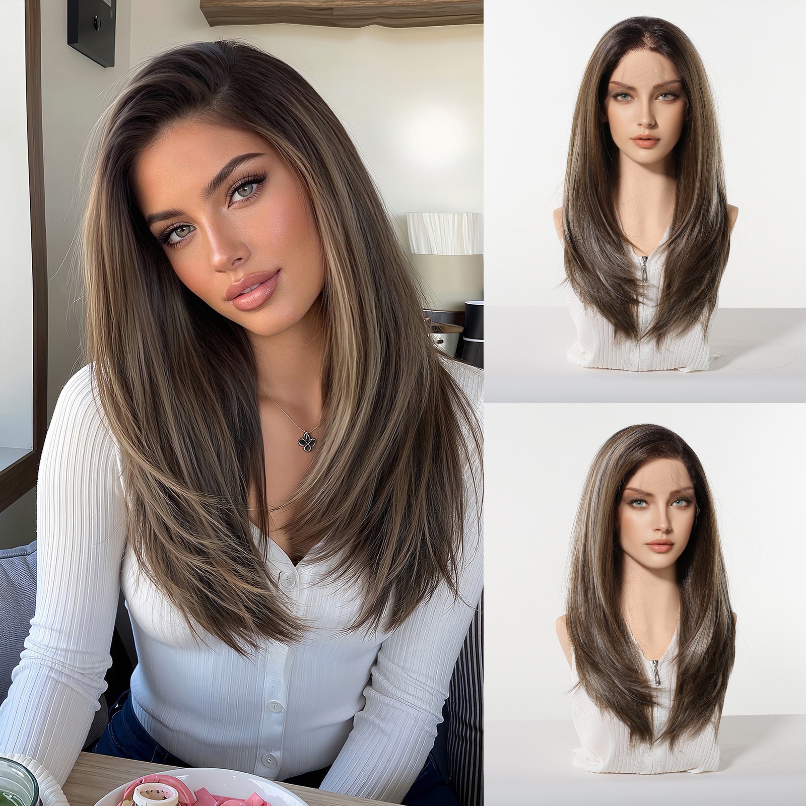 Peluca de encaje transfronteriza 13*6HD de gran superficie con raya al medio, cabello largo y liso negro-marrón, peluca de encaje completa de moda.