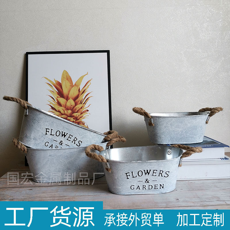 Elongated oval-shaped succulent plant pot small iron bucket galvanized iron bucket with rope handle vintage distressed planter