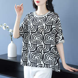 时尚黑色印花真丝上衣女短袖夏季新款大码桑蚕丝衬衫宽松遮肉t恤
