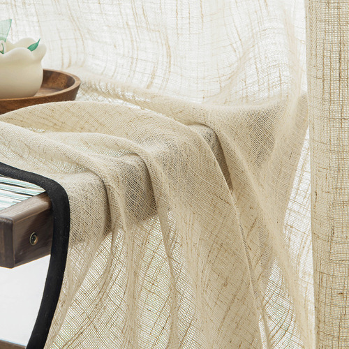 Japanese wabi-sabi style linen sheer curtains, light-filtering but not people-filtering, with black edges, living room floor-to-ceiling windows, high windows, Chinese-style curtains