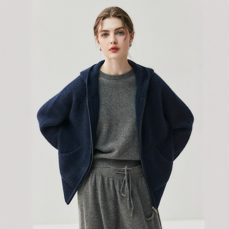 760g Thick Style ~ Loose and Slim Cashmere Jacket Women's Hooded Zipper 2025 Autumn and Winter New Knitted Sweater Cardigan