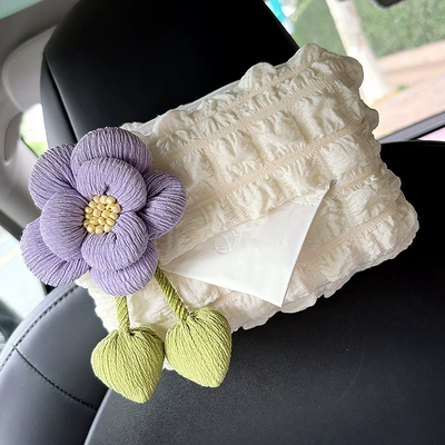 Car Tissue Box Seat Back Hanging Creative Cute Simple Armrest Box High-End Car Tissue Box Hanging Bag Decoration for Women (Car tissue box/set) - flowers-purple-puff-tissue-box