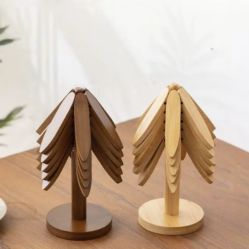 隔热垫实木餐桌面防烫家用一棵树创意竹制摆件圣诞树砂锅碗折叠垫