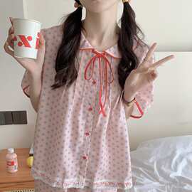 棉Vietnam夏季新款睡衣女套装俏皮减龄撞色波点可外穿宽松家居服