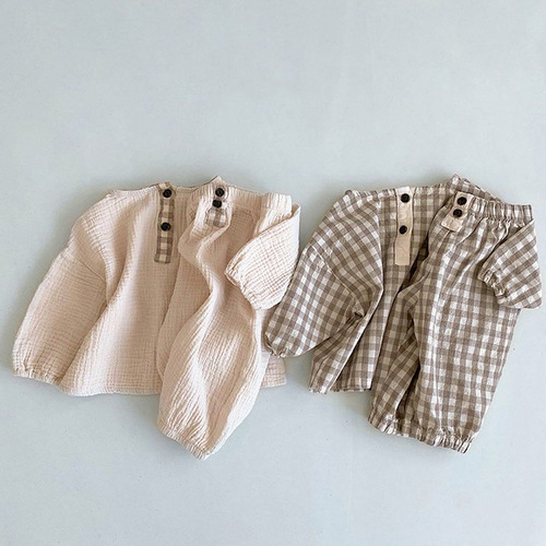 Baby cute cartoon duck suit linen cotton top pants Korean children's clothing baby casual plaid two-piece set