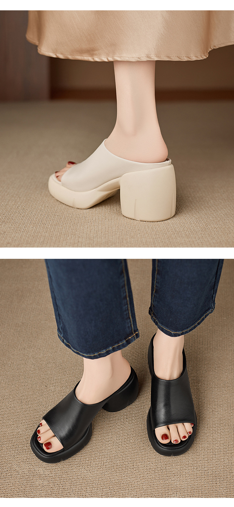 Sandal cao gót nữ hở mũi quai ngang da thật gót vuông 9 cm — màu đen, màu trắng ngà chi tiết 8