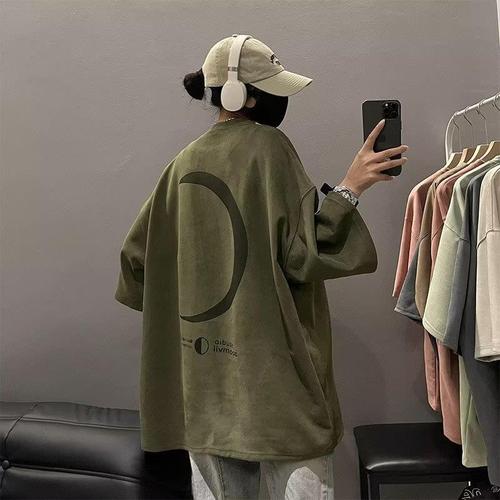 Heavyweight American vintage suede short-sleeve T-shirt for men, trendy brand, oversized military green five-sleeve summer