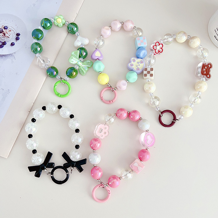 Cute Sweet Girl Style Mobile Phone Chain Candy Color Handmade Beaded Mobile Phone Lanyard Love Bow Jewelry Hanging Ornaments