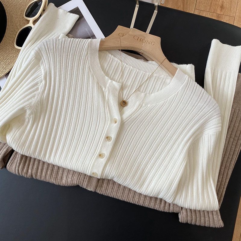 Foreign Trade Export Tail List Basic All-match Thin Round Neck Cardigan Slim-fit Sweater Top for Women Small Autumn