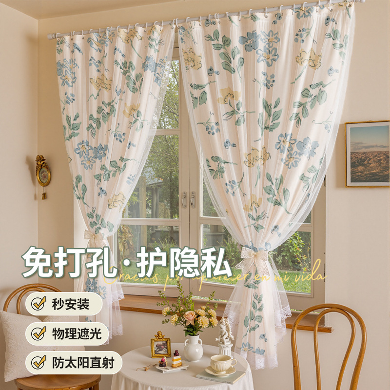 Printed Curtains, Fresh Style Curtains, Double-Layer with Sheer, Rental Apartment Bay Window Soundproof Blackout Fabric, No-Drill, No-Installation Curtains Printed Curtains, Fresh Style Curtains, Double-Layer with Sheer, Rental Apartment Bay Window Soundproof Blackout Fabric, No-Drill, No-Installation Curtains
