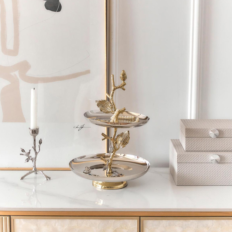 Indian Dream Golden Branch Double-Layer Cake Plate Metal Stainless Steel Branch Bird Silver Jewelry Tray Decoration Ornament Indian Dream Golden Branch Double-Layer Cake Plate Metal Stainless Steel Branch Bird Silver Jewelry Tray Decoration Ornament