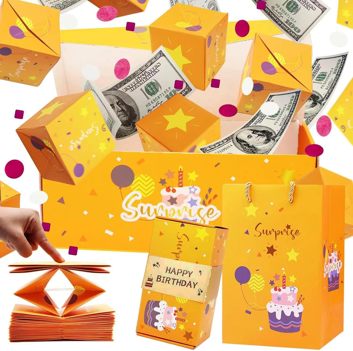 노란색 HAPPY BIRTHDY; 6개의 바운스 박스 + 선물 상자 + 선물 가방