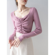 上衣女秋季2023新款紫色方领设计感花朵压褶修身针织衫毛衣打底衫
