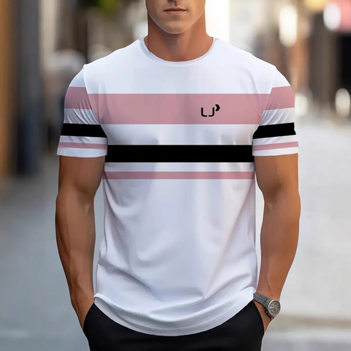 Summer High-Quality Striped Short-Sleeve T-Shirt for Men, European and American Fashion, Casual Style, 3D Printed Crew Neck Short Sleeve