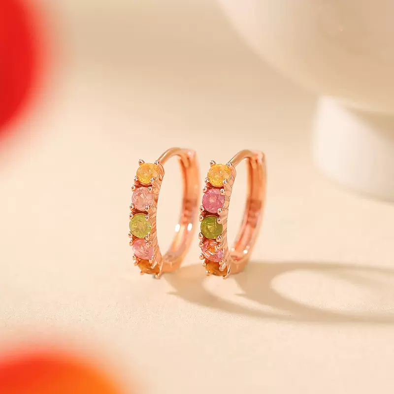 悦宝珠宝S925纯银镀玫瑰金碧玺复古精致简约圆珠耳环气质百搭耳夹