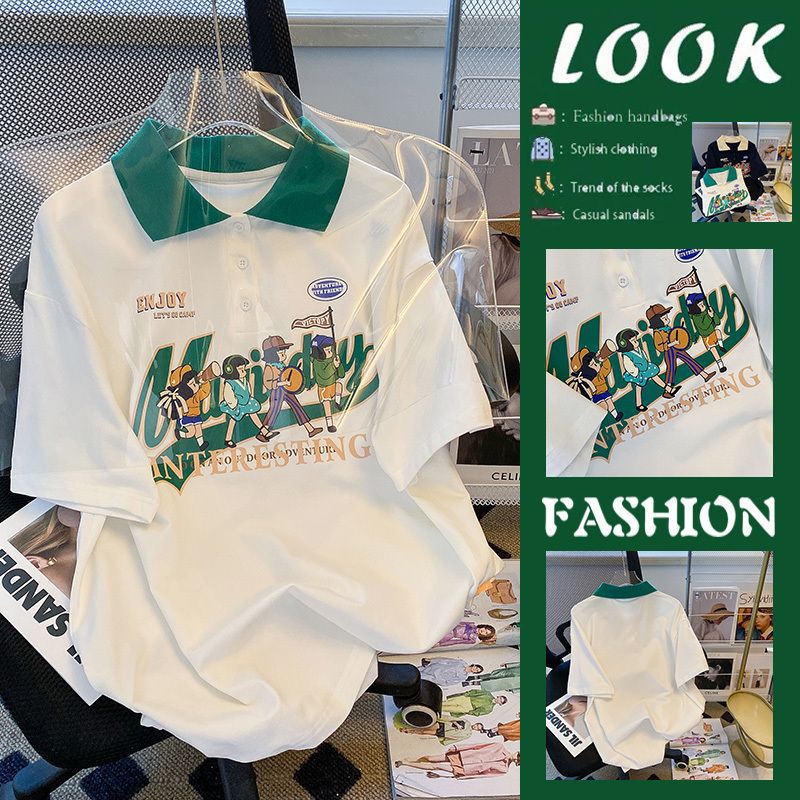 1,00 kg-150,00 kg tallas grandes chica gordita estilo occidental estilo perezoso Camiseta de manga corta Polo de las mujeres solapa Suelta todo partido casual Top moda image 1