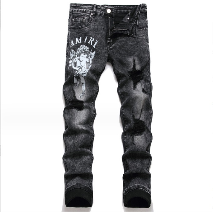 Foreign Trade Slim Stretch Fried Sand Angel Cotton Elastic Black Leather Label Hole Print Fashion Men's European and American Jeans