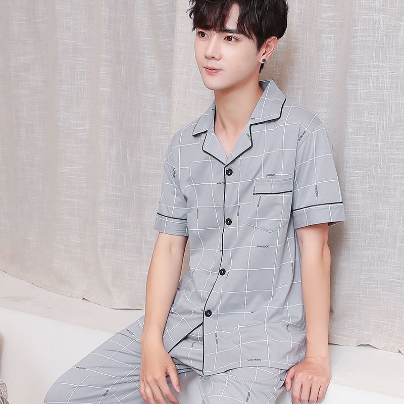 Pijamas de los hombres 100% algodón primavera y verano papá adolescentes manga corta delgada homewear traje