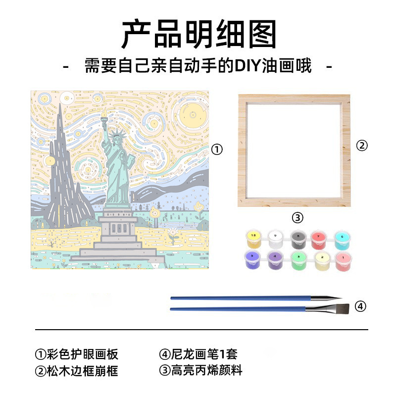 Transfronterizo nuevo mundo pinturas al óleo digital con marco diy acrílico rellenado a mano curar pinturas decorativas paisajísticas