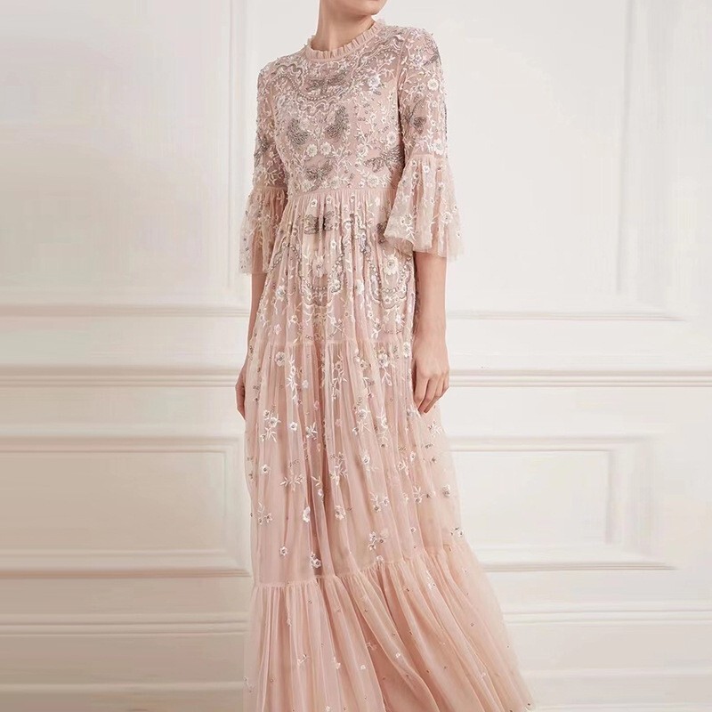 Pink sequined floral mesh embroidered dress with bell sleeves, 7/8 length skirt, birthday party evening dress Pink sequined floral mesh embroidered dress with bell sleeves, 7/8 length skirt, birthday party evening dress