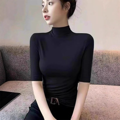 半高领五分袖T恤女士春秋莫代尔螺纹中袖体恤修身内搭打底衫上衣