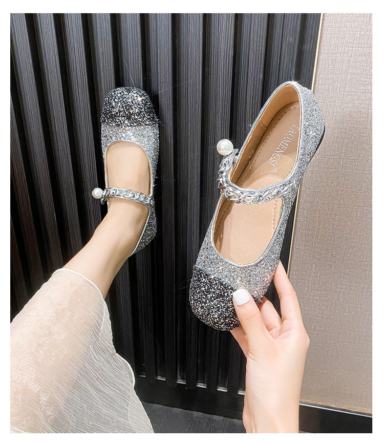 Giày Mary Jane nữ mũi vuông đế bằng phối màu ngọc trai, gót thấp 1–3 cm — Bạc phối đen, Đen bạc, Đen trắng chi tiết 34