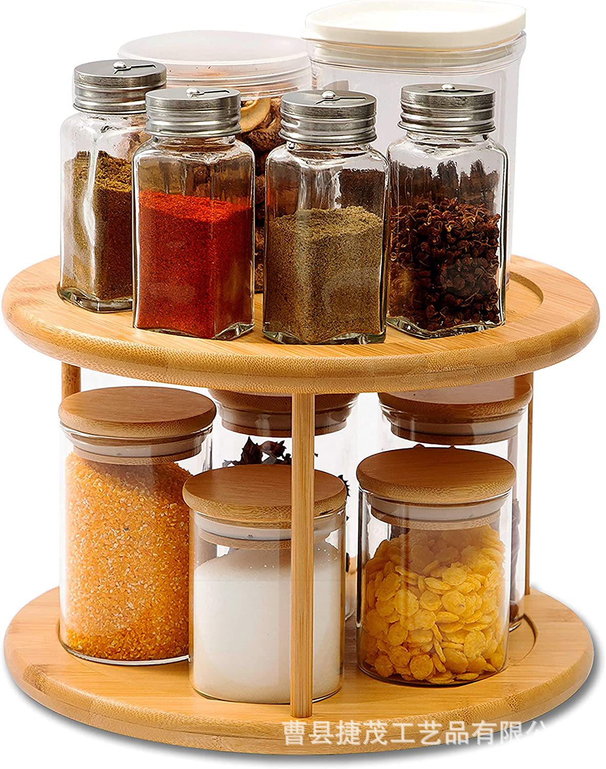 Cross-border wooden spice rack kitchen double-layer bamboo spice jar spice rack countertop cabinet rotating storage rack wholesale
