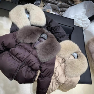 In-Stock Women's Winter Popular Short Waist-Cinching Fox Fur Large Collar down Jacket Korean Style Loose Coat for Women