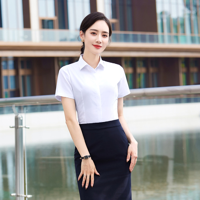 蓝色衬衫女短袖职业装正装工作服修身竹纤维弹力衬衫免烫工艺上衣