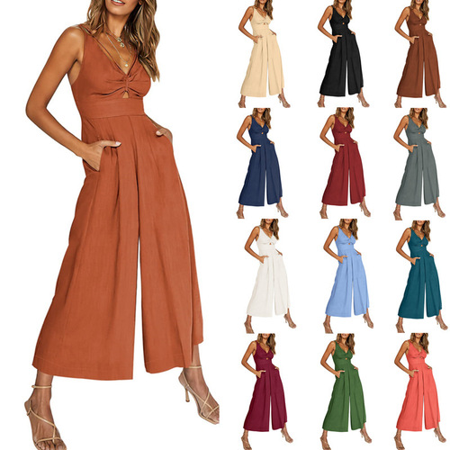 European and American Summer Strappy V-Neck Hollowed-Out Pleated High-Waisted Wide-Leg Jumpsuit with Pockets for Women