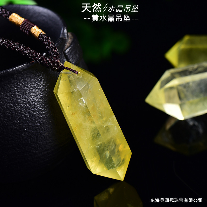 Spot Wholesale natural citrine double pointed hexagonal prism pendant citrine stone polished sweater chain necklace