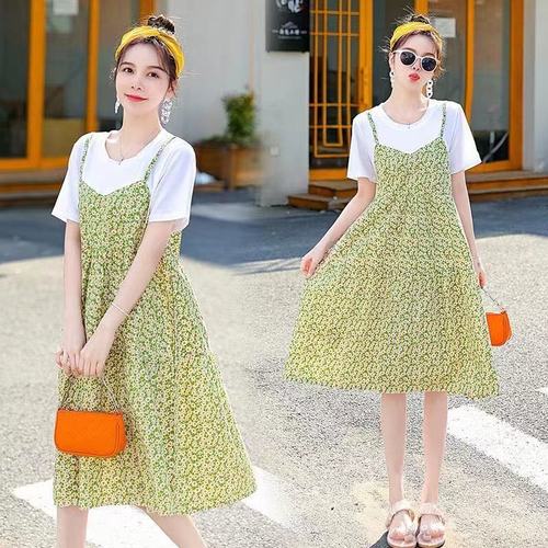 Pregnant women's floral two-piece dress set, Korean style loose medium-long dress, trendy for outdoor and home use.