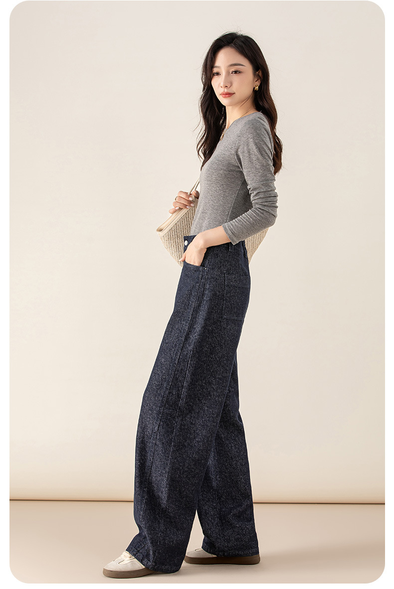 Quần jean ống rộng hình kén cotton-lan màu xanh cổ điển nữ phiên bản hẹp — màu xanh denim chi tiết 4
