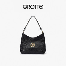 GROTTO个乐小号黑石Hobo大号意大利植鞣羊皮通勤单肩斜挎腋下软包