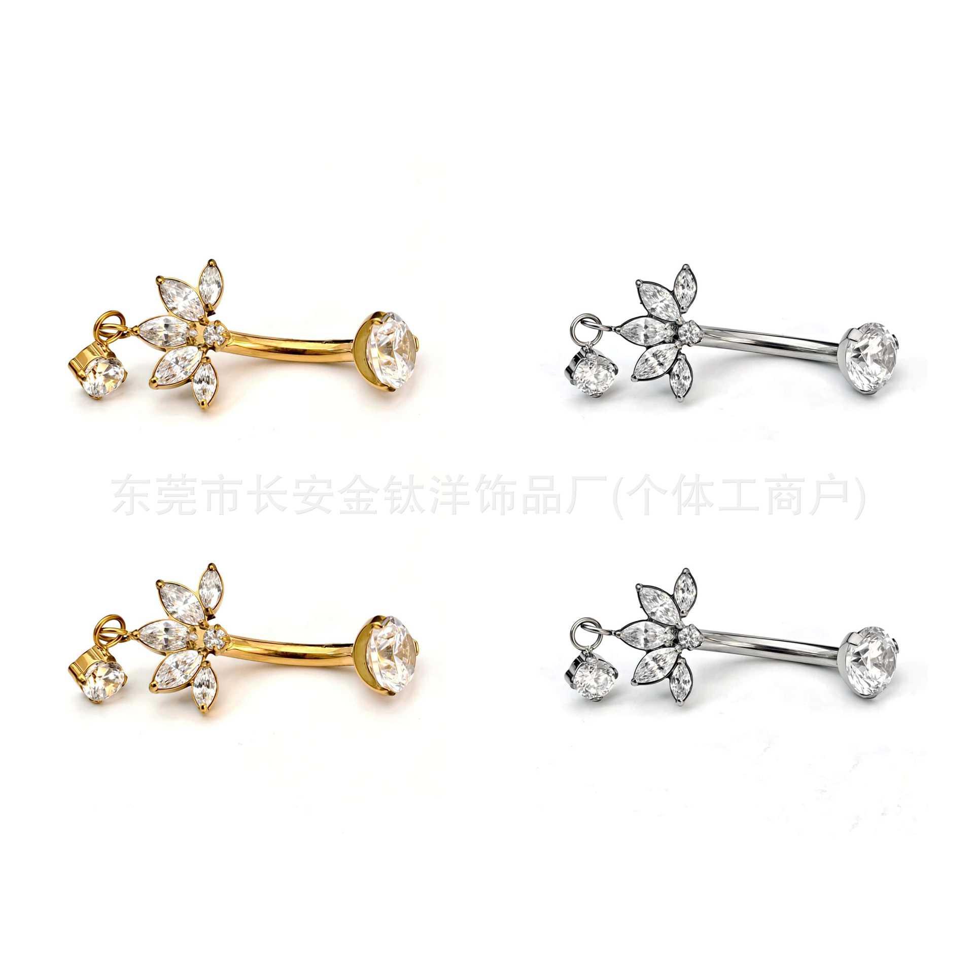 F136 Titanium Five-Leaf Flower Water Drop Zircon Pendant Curved Barbell Belly Button Ring detail image 5
