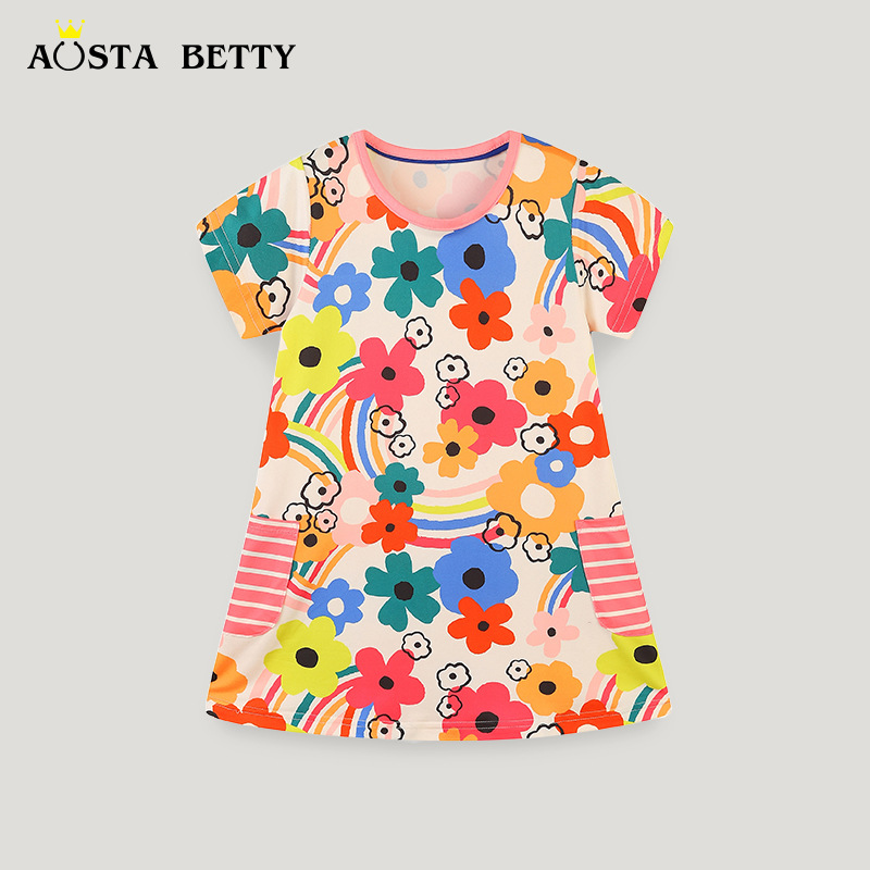 Vestido de manga corta para niñas, estilo europeo y americano, 26 nuevos modelos de verano, vestido de princesa con cuello redondo, vestido floral para niñas, dropshipping