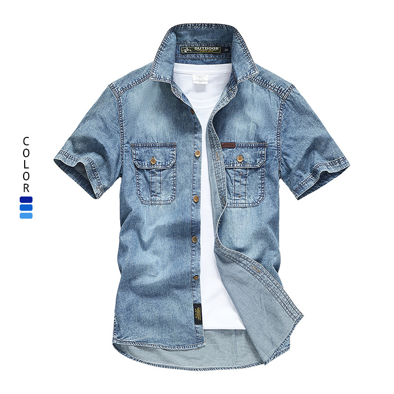 Cross-border Amazon Summer Short-sleeved Denim Shirt Men's European Size Men's Workwear Short-sleeved Shirt Denim Clothes Cross-border Amazon Summer Short-sleeved Denim Shirt Men's European Size Men's Workwear Short-sleeved Shirt Denim Clothes