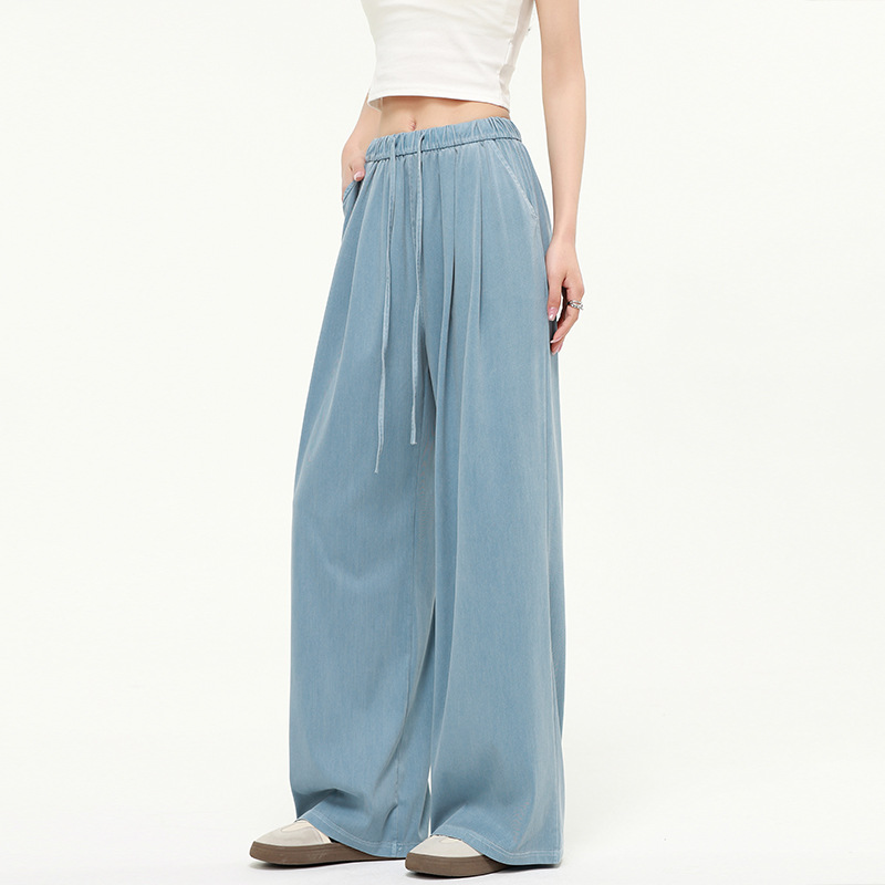 Tencel Blue Jeans for Women, Summer 2026 New Style, Petite, Drapey, Straight, Loose, Relaxed, Slimming Wide-Leg Pants